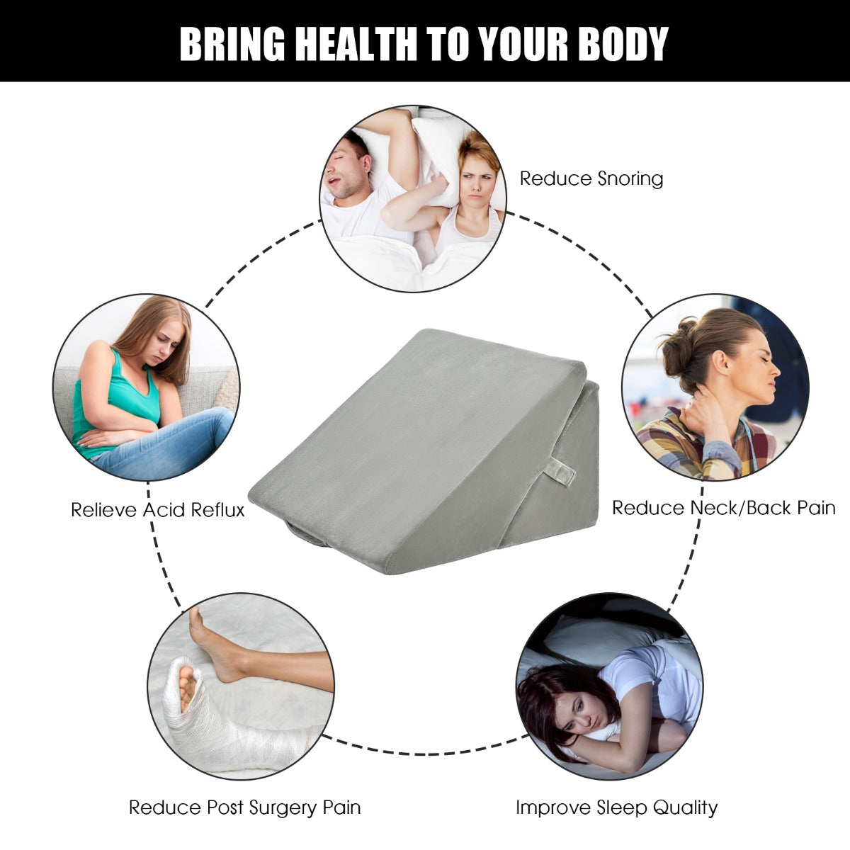 Grey 7-in-1 adjustable bed wedge pillow showing support for sleep, neck, back and leg comfort