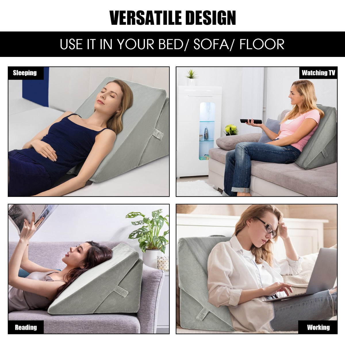 Grey 7-in-1 adjustable bed wedge pillow used for sleeping, reading, watching TV and working