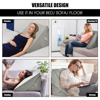 Grey 7-in-1 adjustable bed wedge pillow used for sleeping, reading, watching TV and working