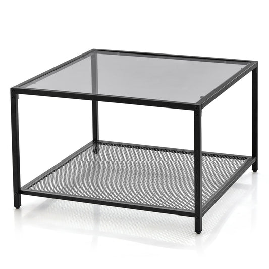 Costway 70 CM Modern 2-Tier Square Glass Coffee Table with Mesh Shelf-Grey