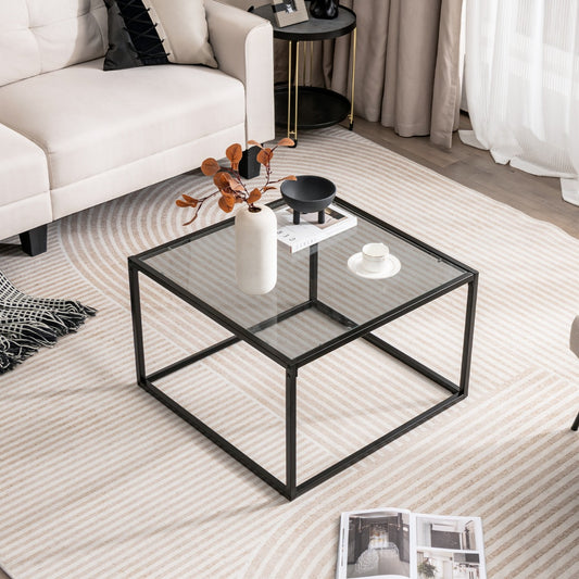Costway 70 CM Modern Square Glass Coffee Table with Metal Frame-Grey