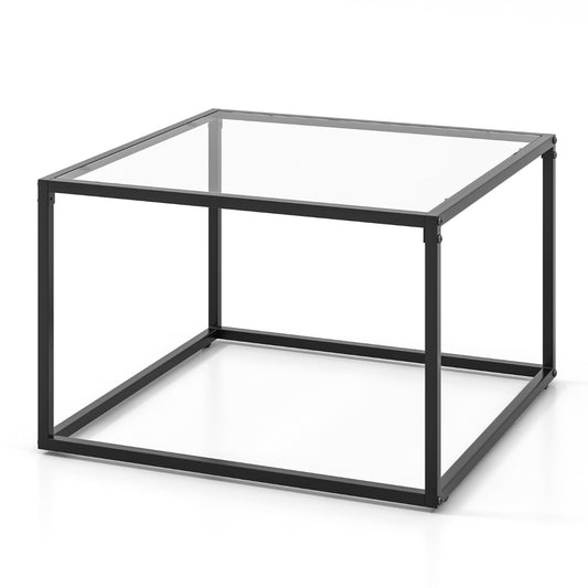 Costway 70 CM Modern Square Glass Coffee Table with Metal Frame-White