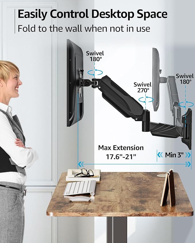 MOUNTUP Single Monitor Wall Mount for 17-32 Inch Computer Screen, Wall Mounted Monitor Holder Support 4.4-17.6lbs Display, Gas Spring Monitor Arm, VESA Bracket for VESA 75x75mm and 100x100mm, Black