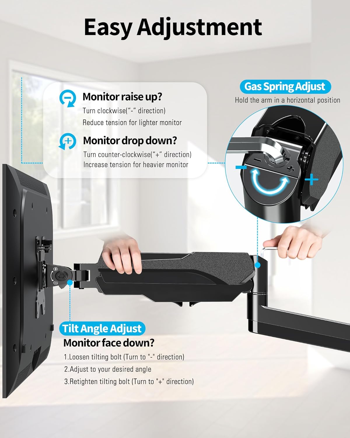MOUNTUP Single Monitor Wall Mount for 17-32 Inch Computer Screen, Wall Mounted Monitor Holder Support 4.4-17.6lbs Display, Gas Spring Monitor Arm, VESA Bracket for VESA 75x75mm and 100x100mm, Black