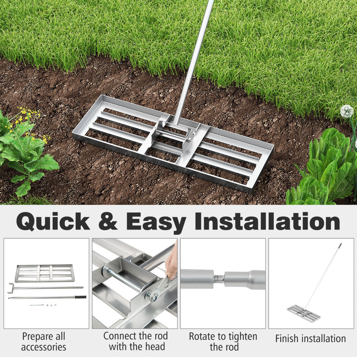 75cm x 25cm Heavy Duty Lawn Leveling Rake-Silver