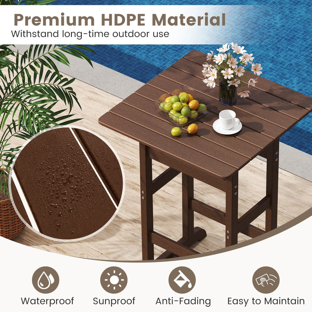 76cm x 76cm Square Bar Table with Slatted Tabletop-Brown