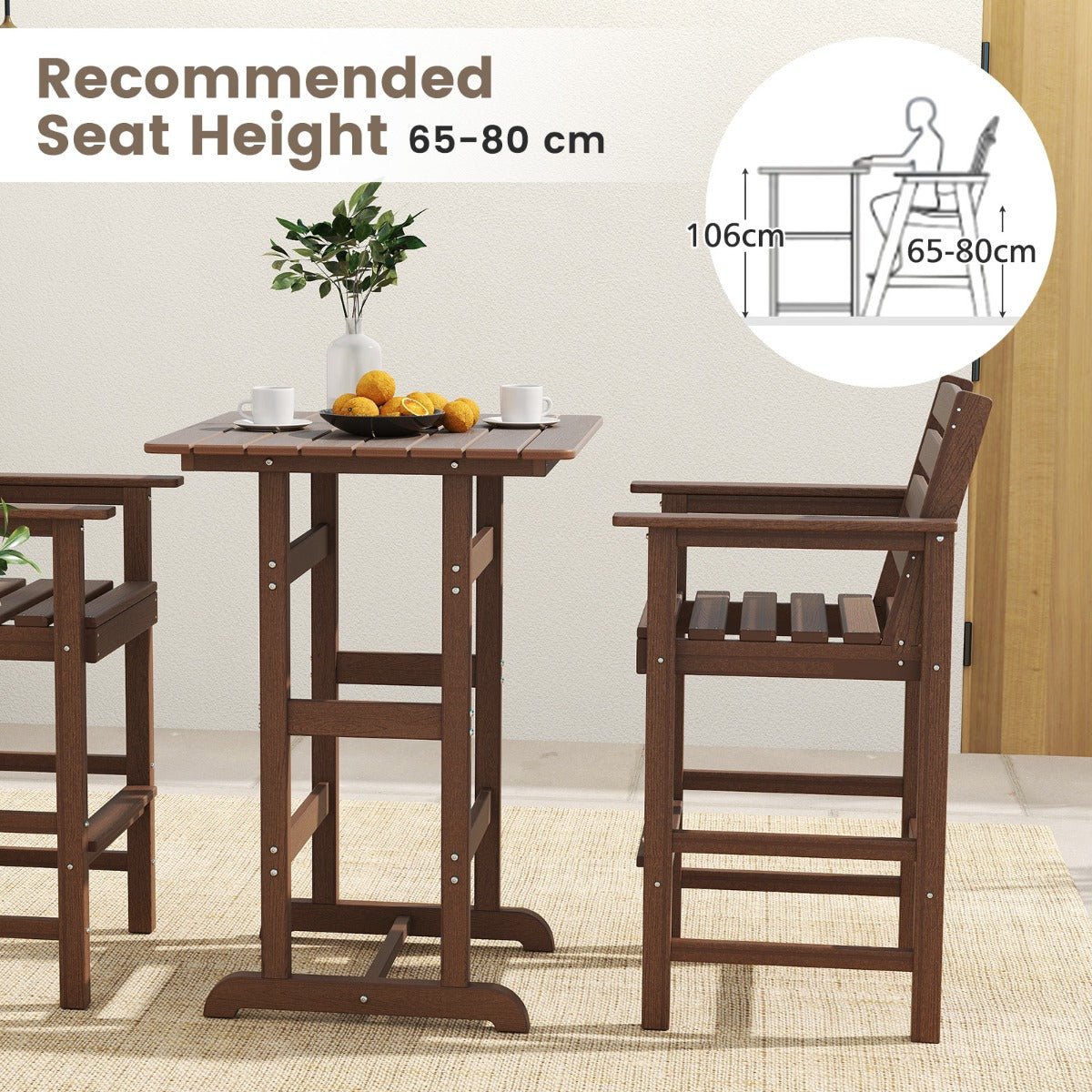 76cm x 76cm Square Bar Table with Slatted Tabletop-Brown