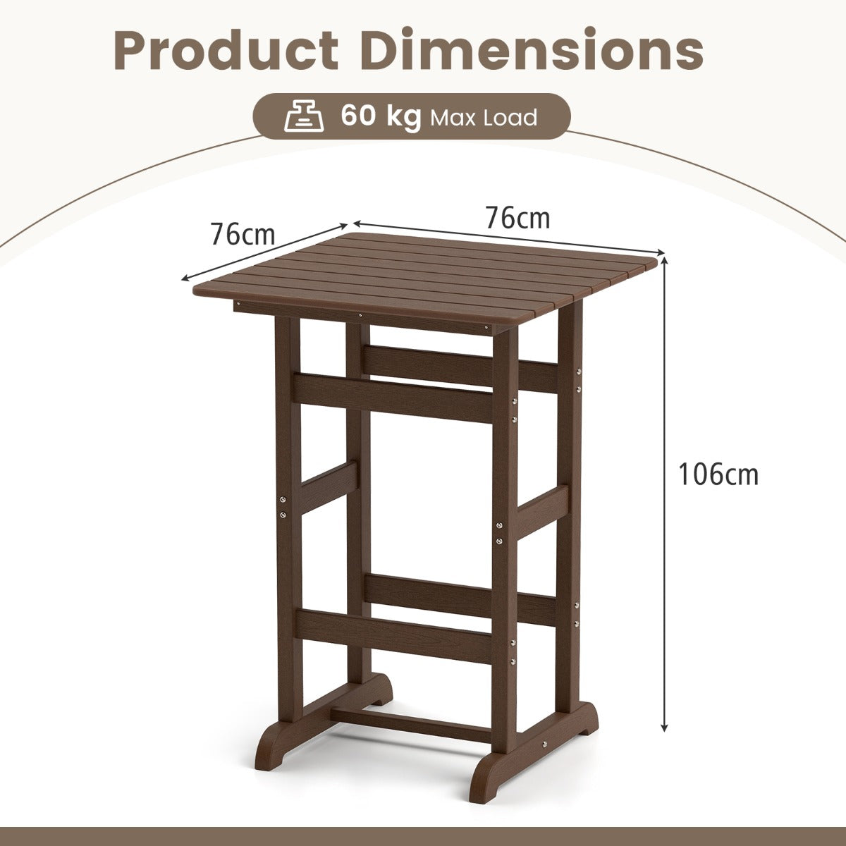76cm x 76cm Square Bar Table with Slatted Tabletop-Brown