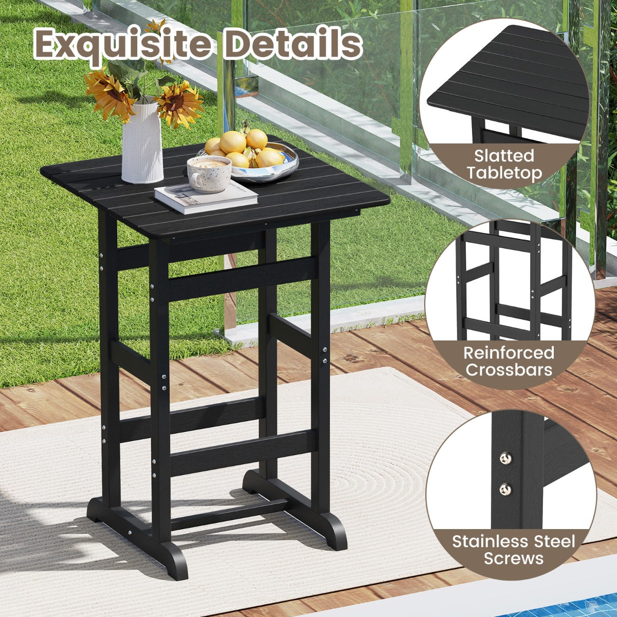 76cm x 76cm Square Bar Table with Slatted Tabletop-Black