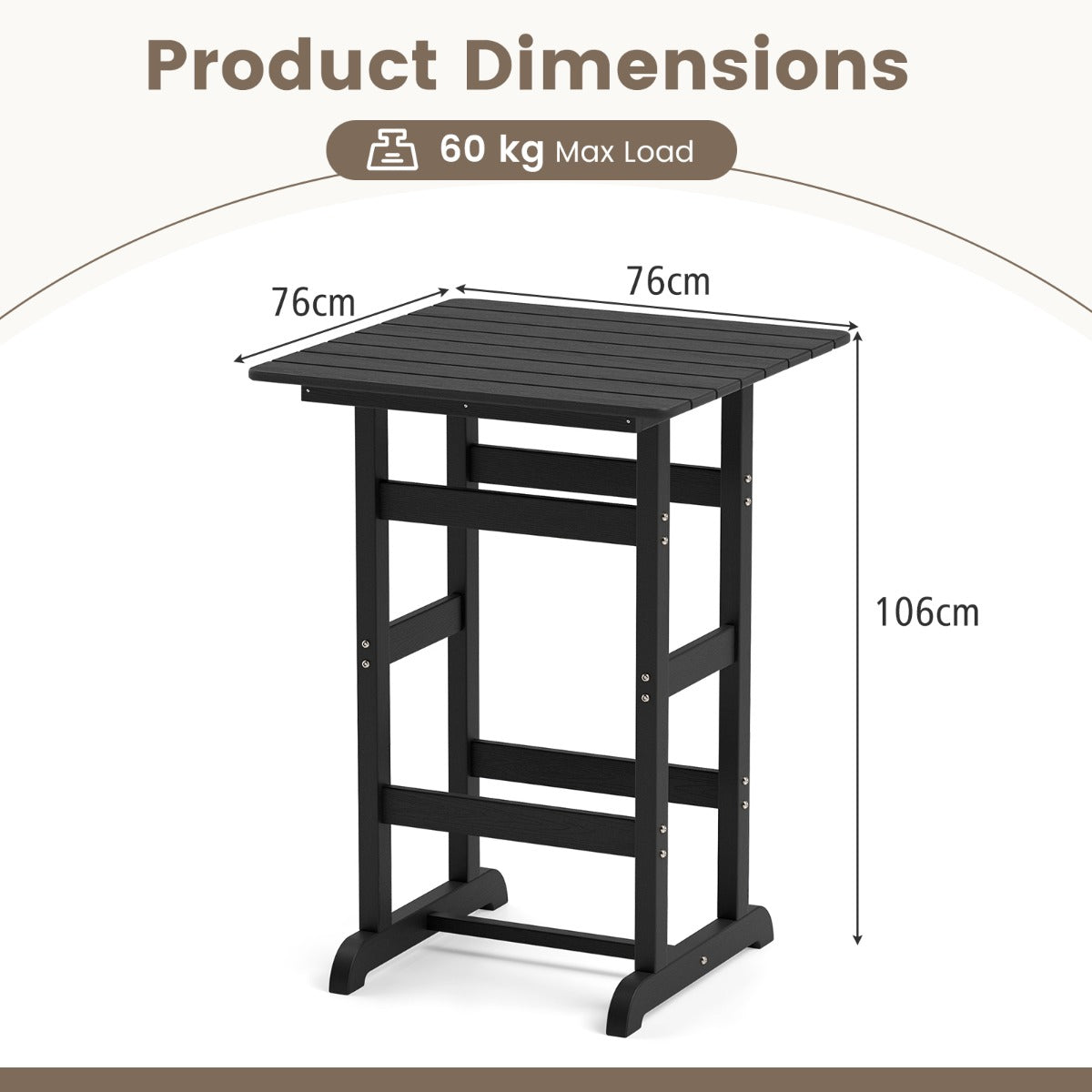 76cm x 76cm Square Bar Table with Slatted Tabletop-Black