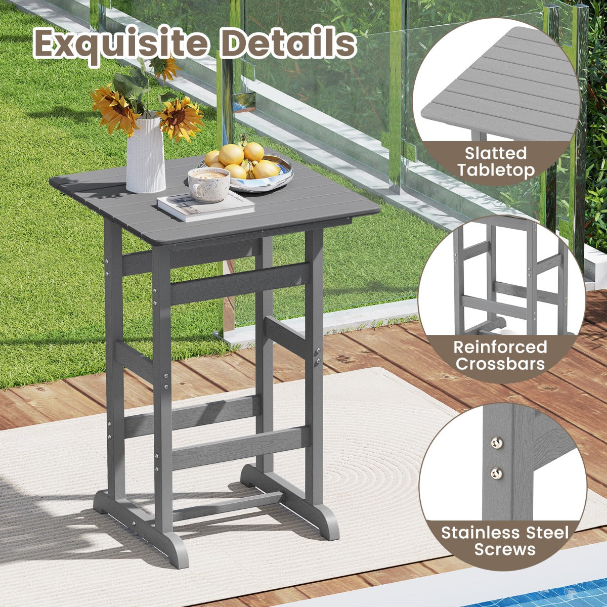 76cm x 76cm Square Bar Table with Slatted Tabletop-Grey