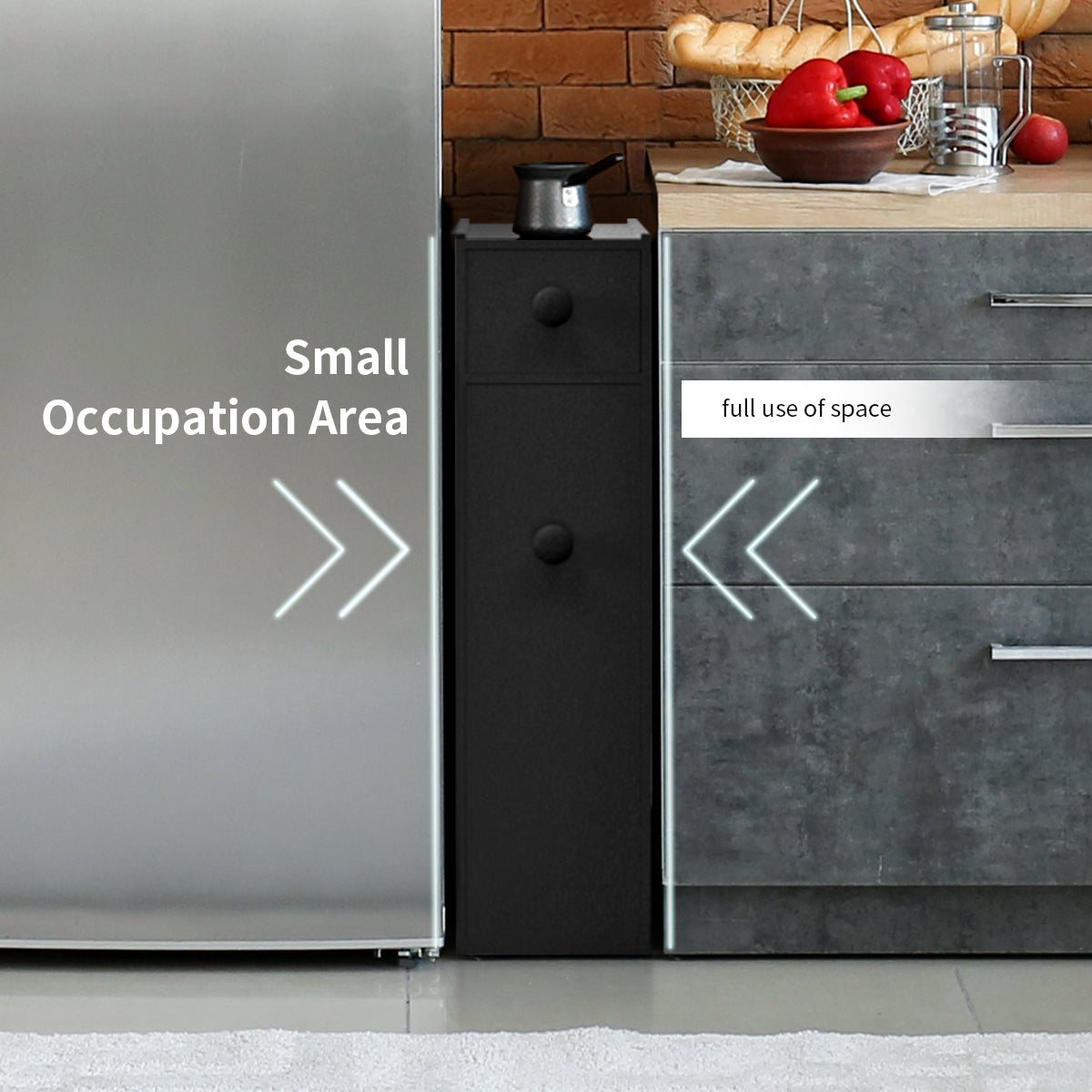 Freestanding  Slim Bathroom Storage Cabinet with Slide-out Drawers for Small/ Narrow Bathroom-Black