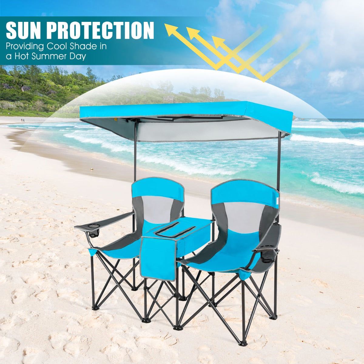 Double Folding Camping Chair with Canopy and Armrests-Blue