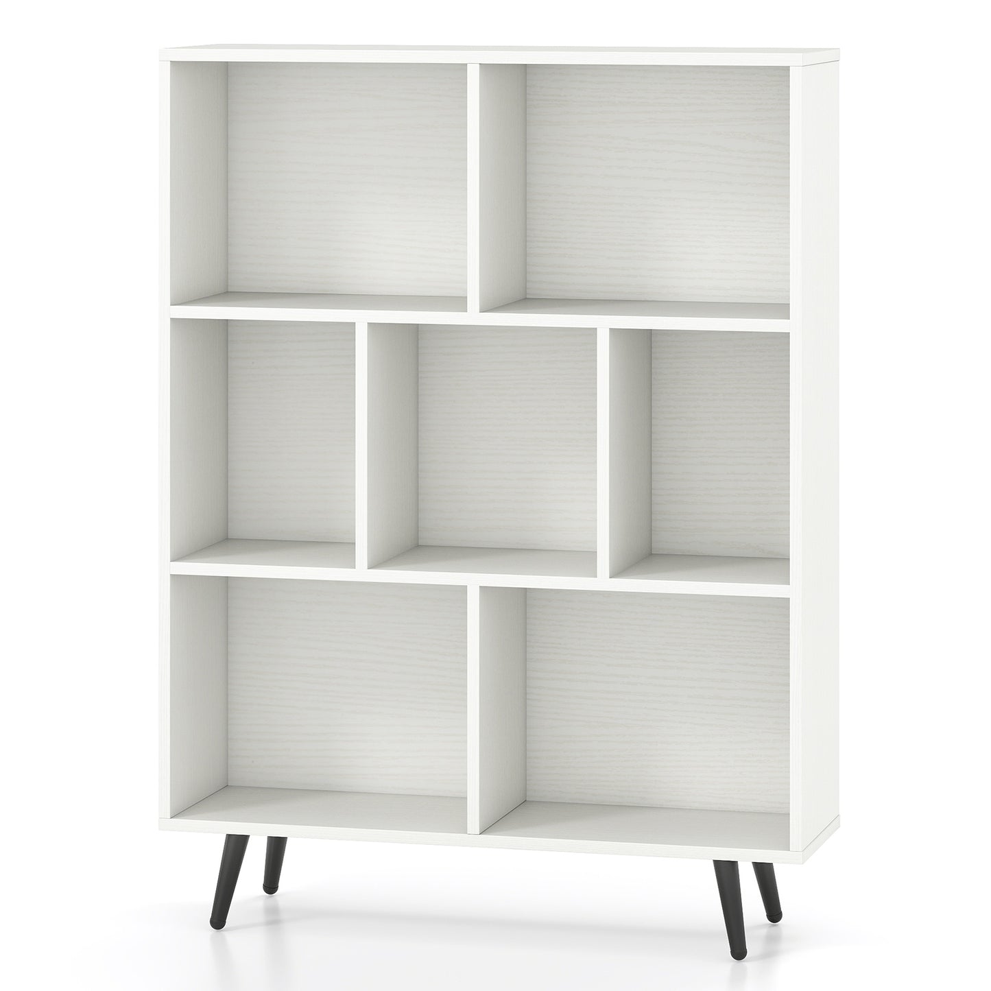 7-Cube Bookcase Mid Century Modern Storage Organizer with 4 Tapered Metal Legs-White
