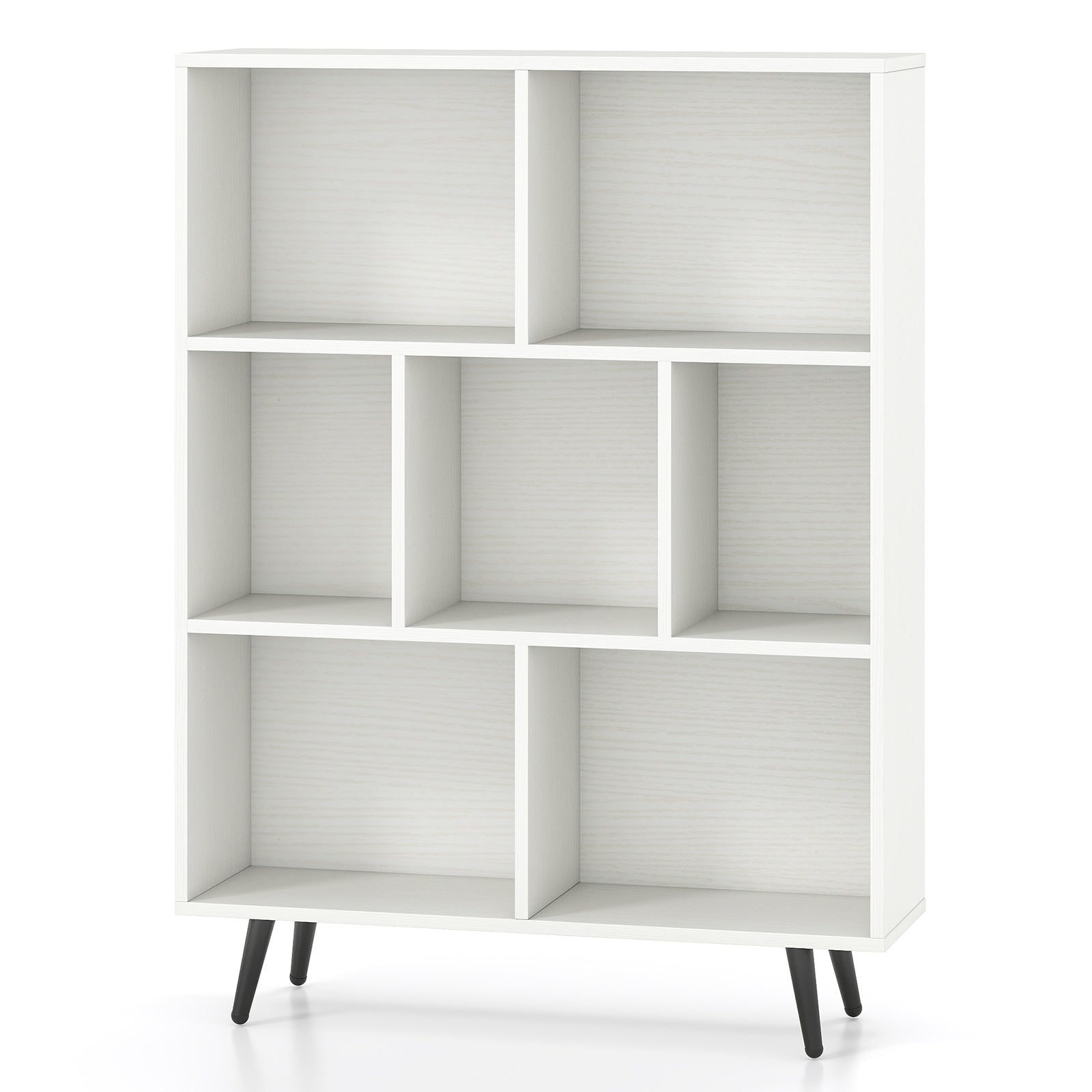 7-Cube Bookcase Mid Century Modern Storage Organizer with 4 Tapered Metal Legs-White