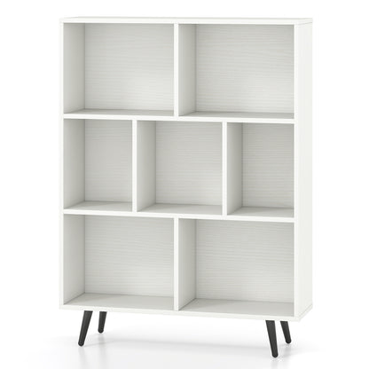 7-Cube Bookcase Mid Century Modern Storage Organizer with 4 Tapered Metal Legs-White