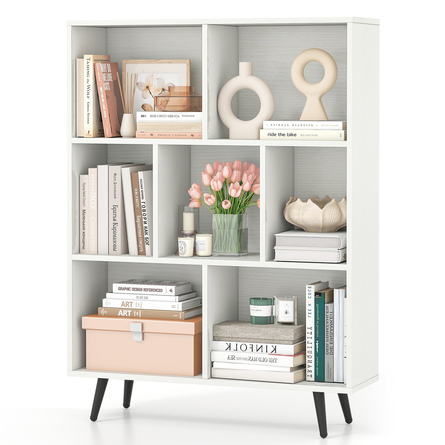 7-Cube Bookcase Mid Century Modern Storage Organizer with 4 Tapered Metal Legs-White