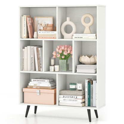 7-Cube Bookcase Mid Century Modern Storage Organizer with 4 Tapered Metal Legs-White