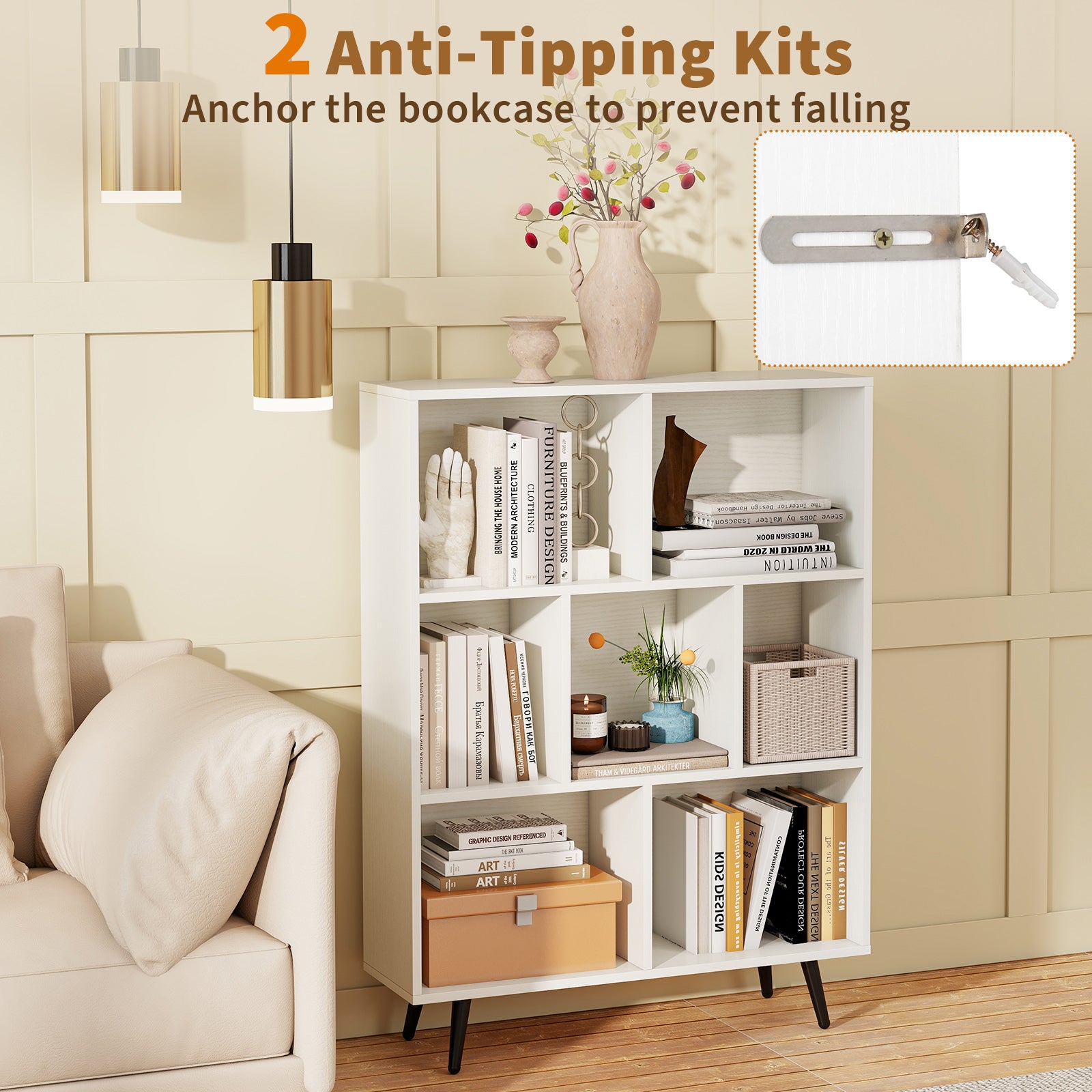 7-Cube Bookcase Mid Century Modern Storage Organizer with 4 Tapered Metal Legs-White