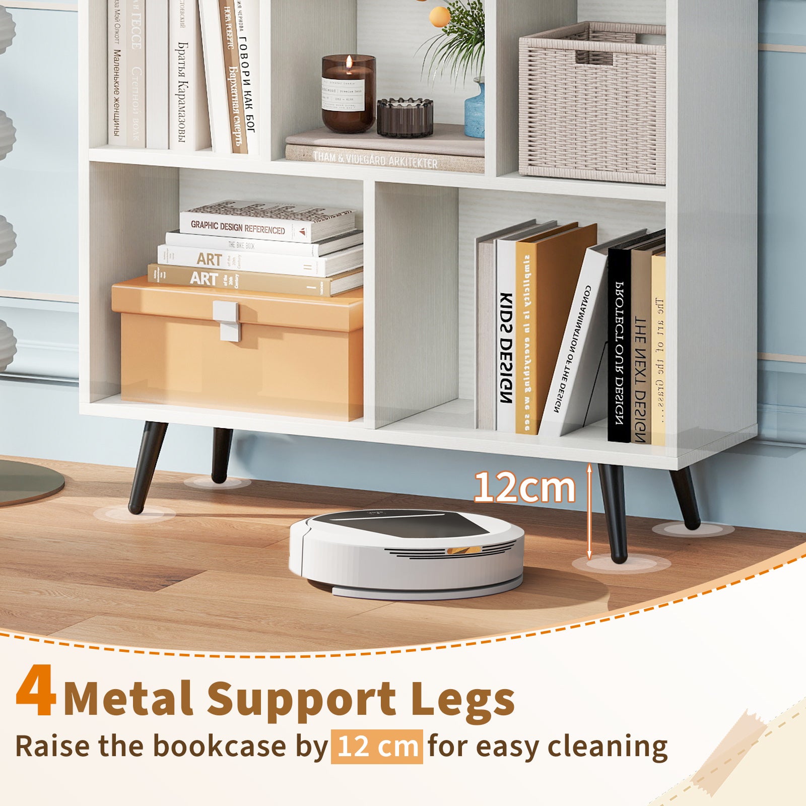 7-Cube Bookcase Mid Century Modern Storage Organizer with 4 Tapered Metal Legs-White