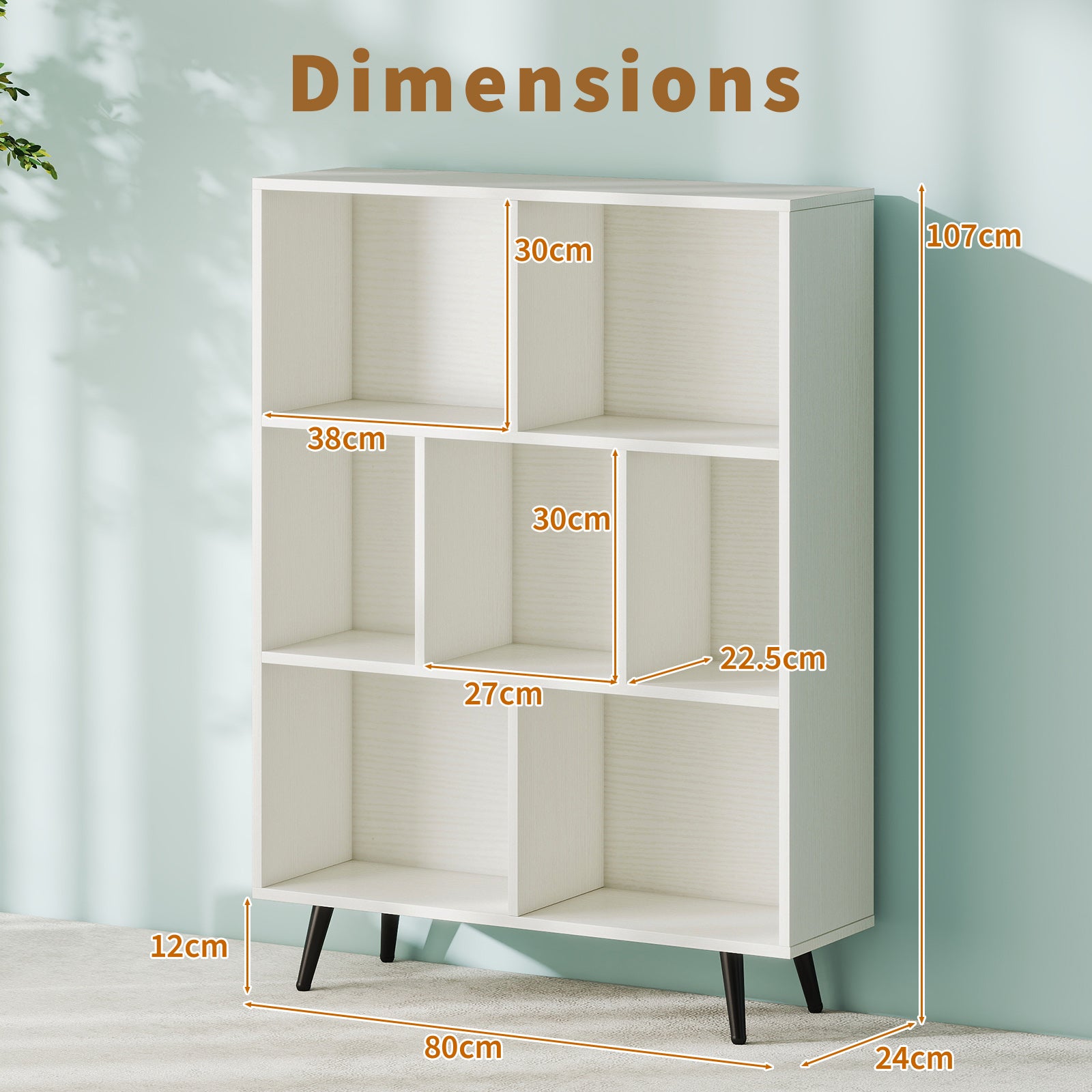 7-Cube Bookcase Mid Century Modern Storage Organizer with 4 Tapered Metal Legs-White