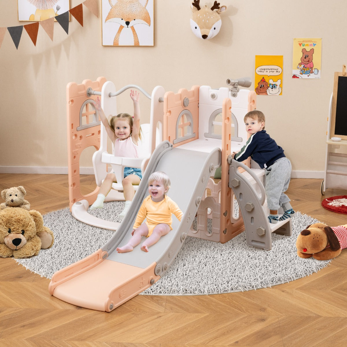 7-in-1 L-shaped Toddler Swing and Slide Set with Swing with Fillable Base-Pink