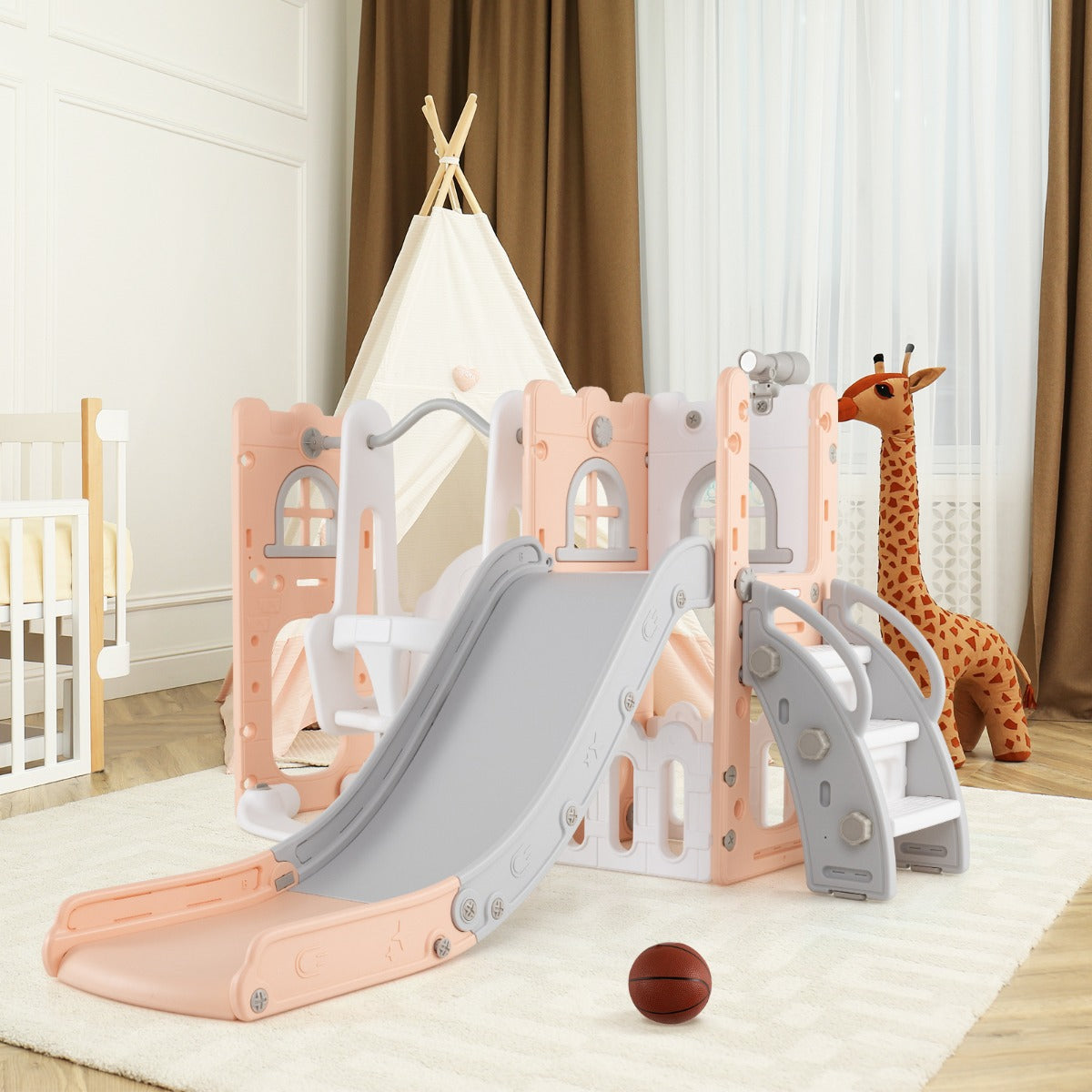 7-in-1 L-shaped Toddler Swing and Slide Set with Swing with Fillable Base-Pink