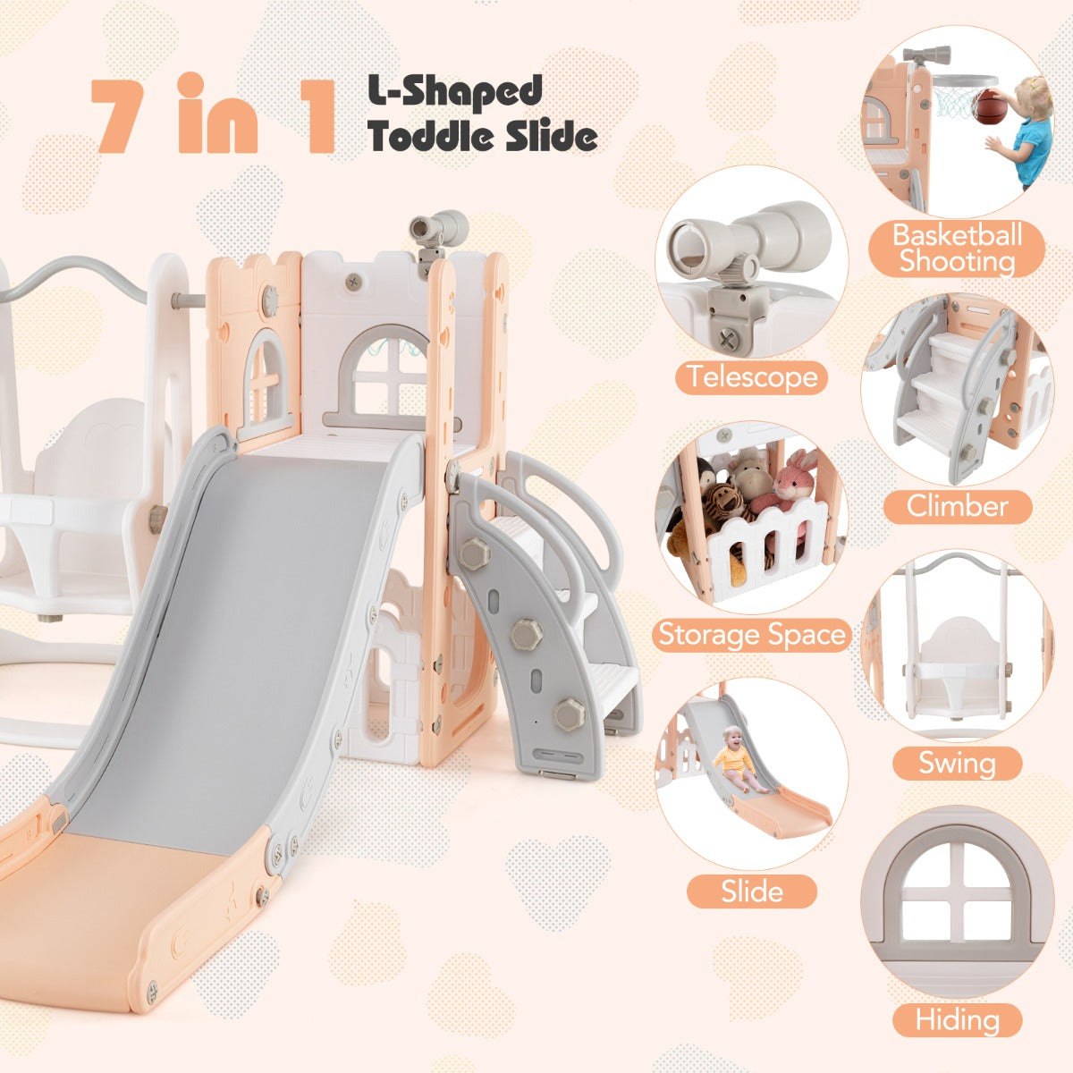 7-in-1 L-shaped Toddler Swing and Slide Set with Swing with Fillable Base-Pink