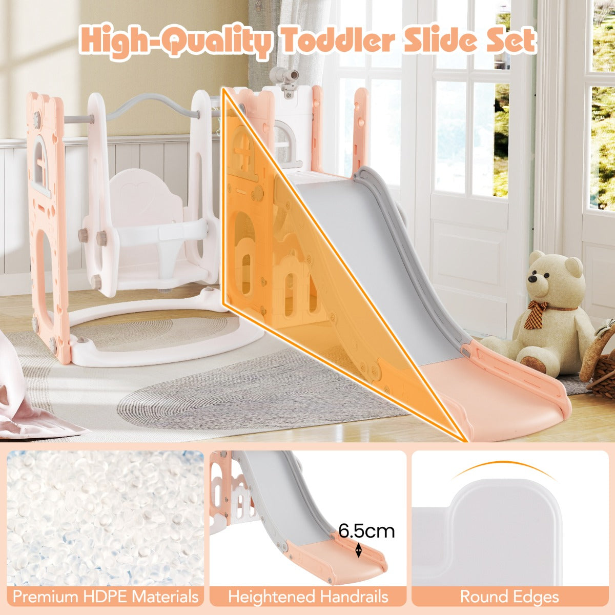7-in-1 L-shaped Toddler Swing and Slide Set with Swing with Fillable Base-Pink