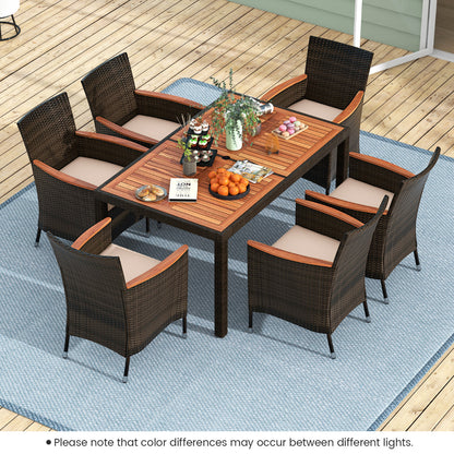 7 Piece Patio Rattan Dining Set 6 Stackable Cushioned Armchairs with 150 cm Large Dining Table