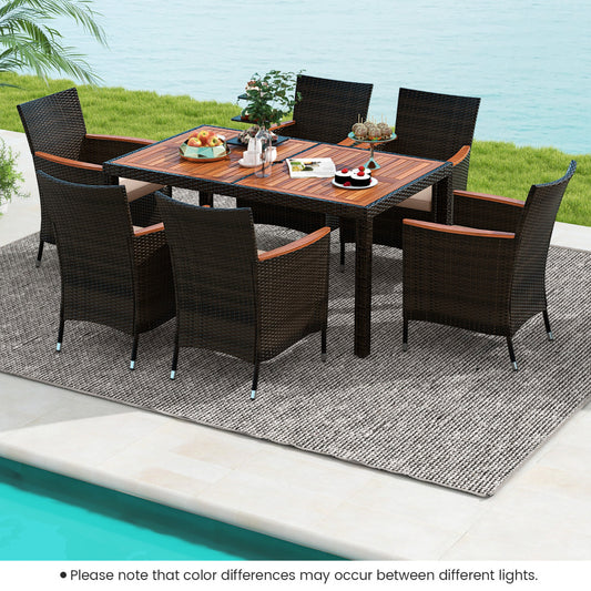 7 Piece Patio Rattan Dining Set 6 Stackable Cushioned Armchairs with 150 cm Large Dining Table