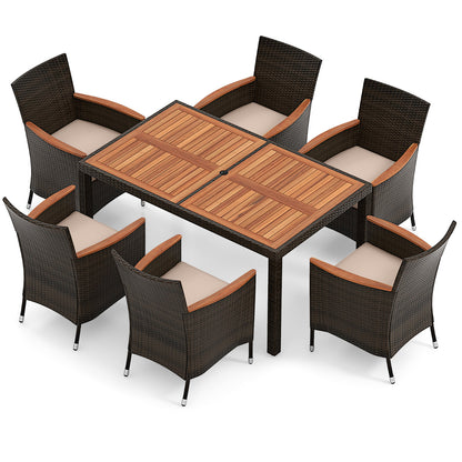 7 Piece Patio Rattan Dining Set 6 Stackable Cushioned Armchairs with 150 cm Large Dining Table