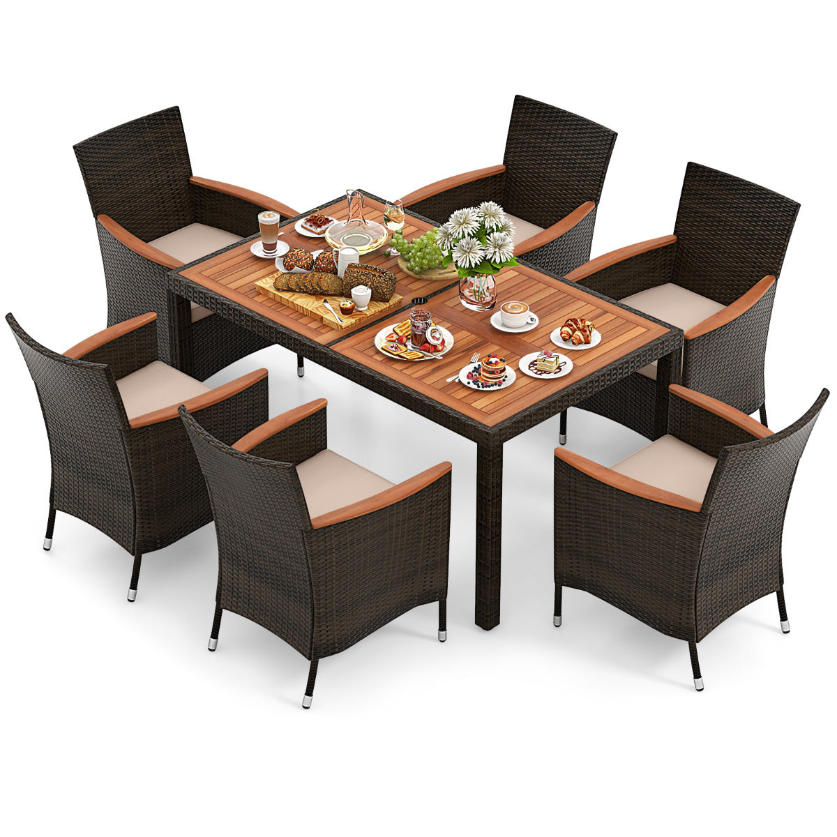 7 Piece Patio Rattan Dining Set 6 Stackable Cushioned Armchairs with 150 cm Large Dining Table