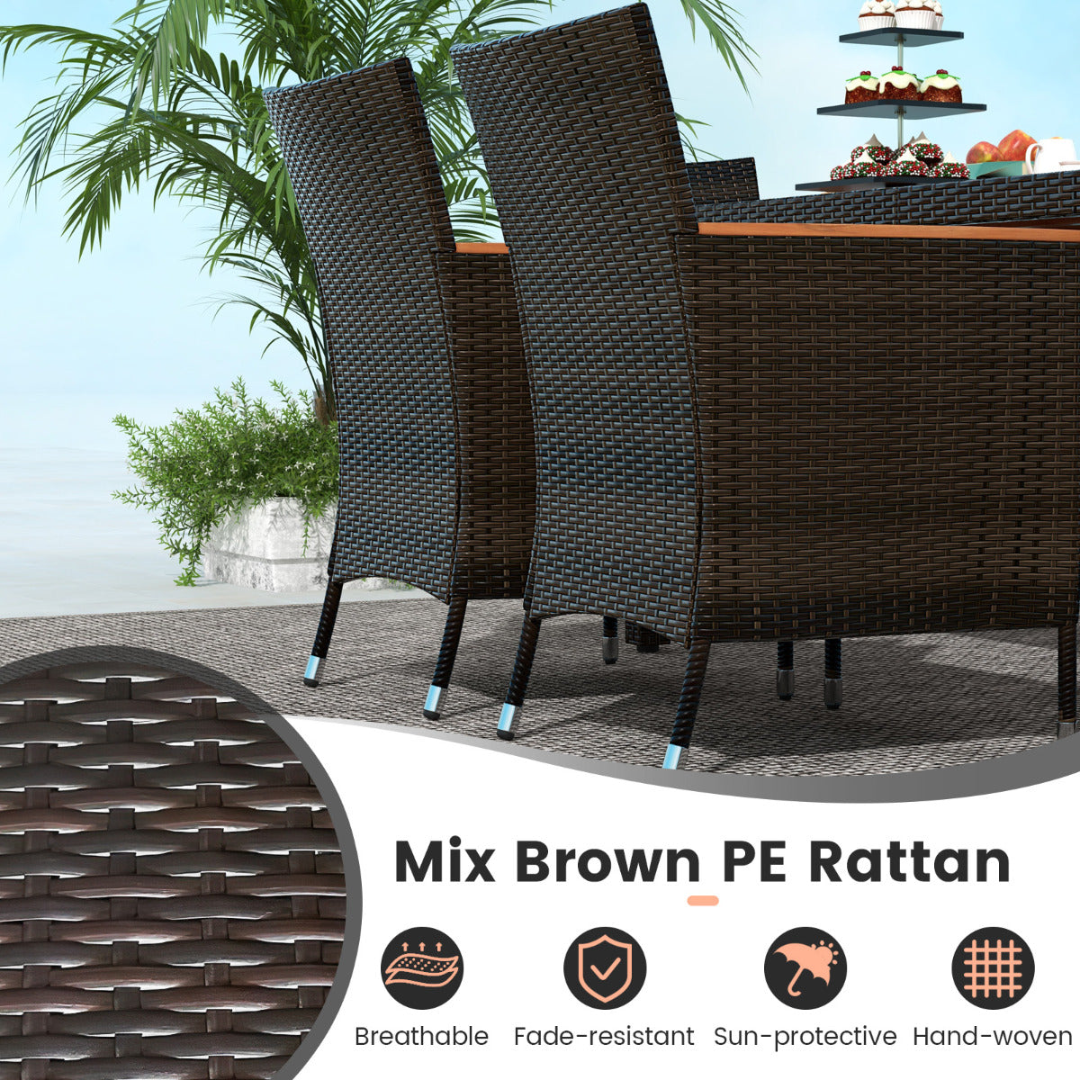 7 Piece Patio Rattan Dining Set 6 Stackable Cushioned Armchairs with 150 cm Large Dining Table