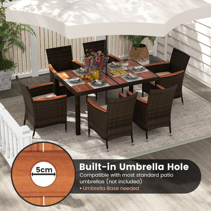 7 Piece Patio Rattan Dining Set 6 Stackable Cushioned Armchairs with 150 cm Large Dining Table