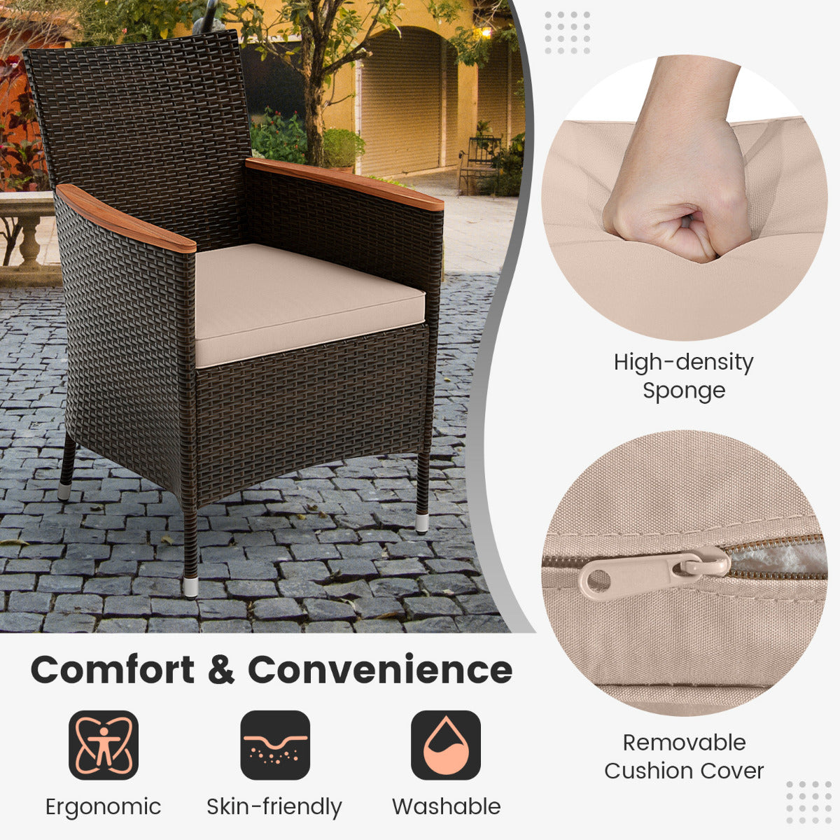 7 Piece Patio Rattan Dining Set 6 Stackable Cushioned Armchairs with 150 cm Large Dining Table