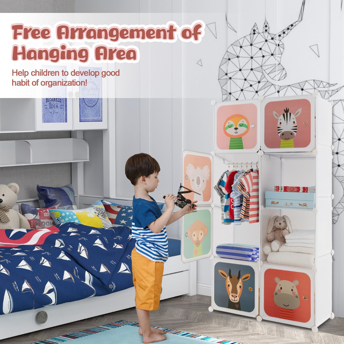 8-cube Baby Closet Organizer with Doors and Hanging Section for Baby Room-White