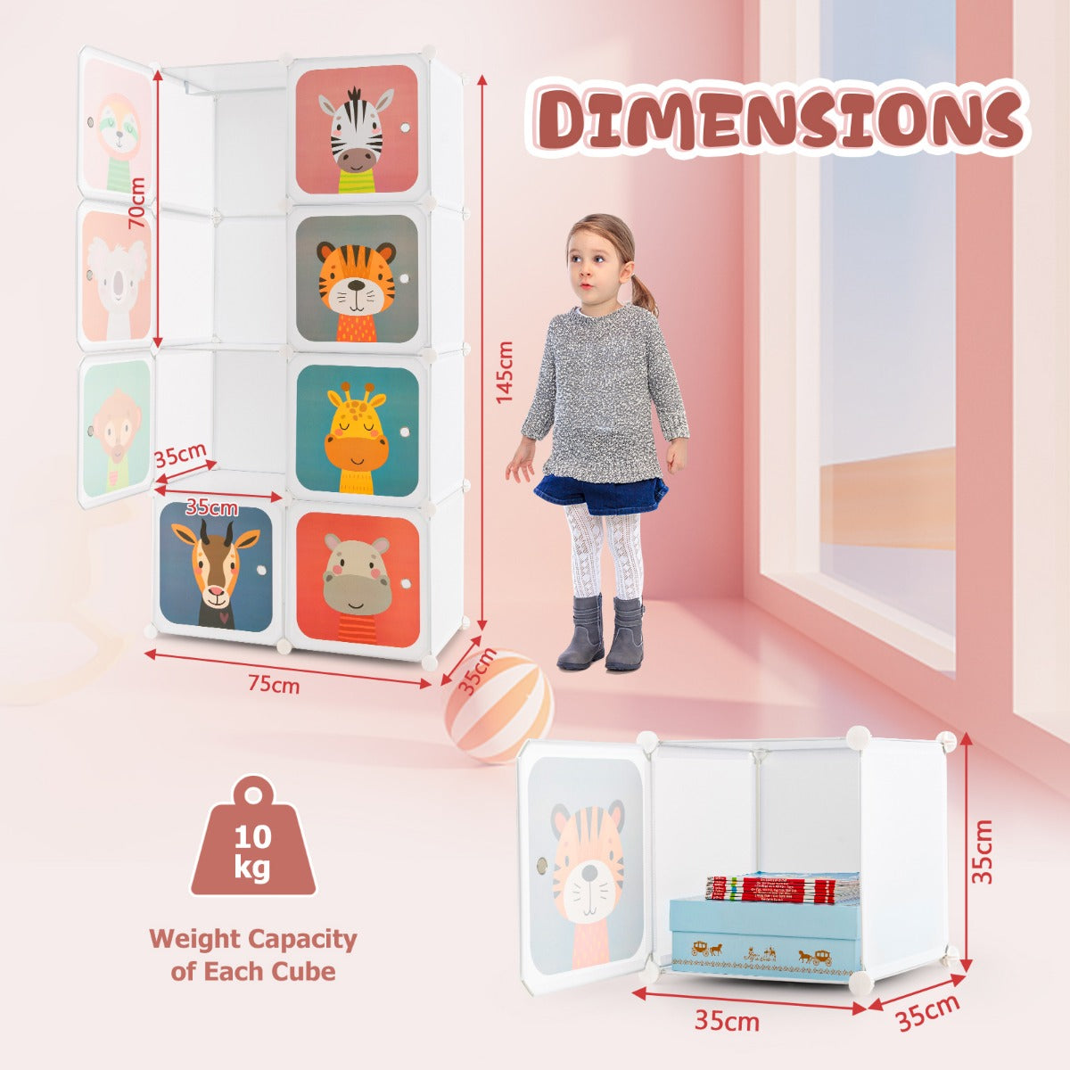 8-cube Baby Closet Organizer with Doors and Hanging Section for Baby Room-White