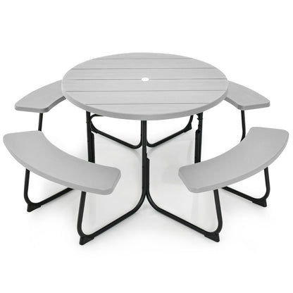 Eight-person outdoor picnic table set with round HDPE tabletop and four curved benches