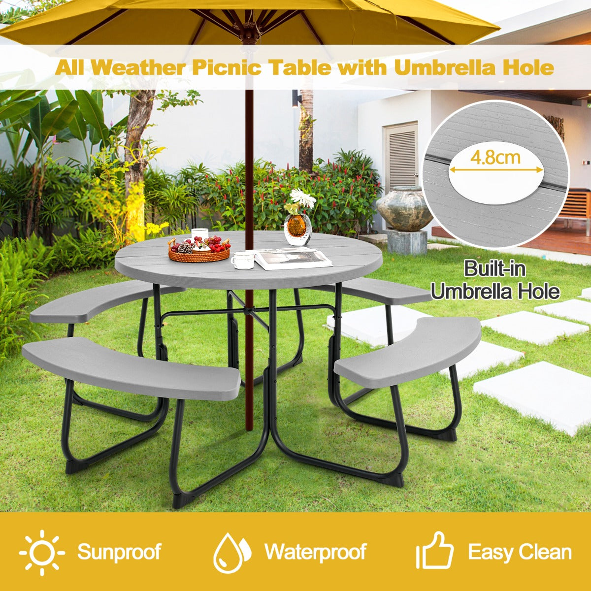 Costway 8-person Round Picnic Table Bench Set with 225KG Capacity-Grey