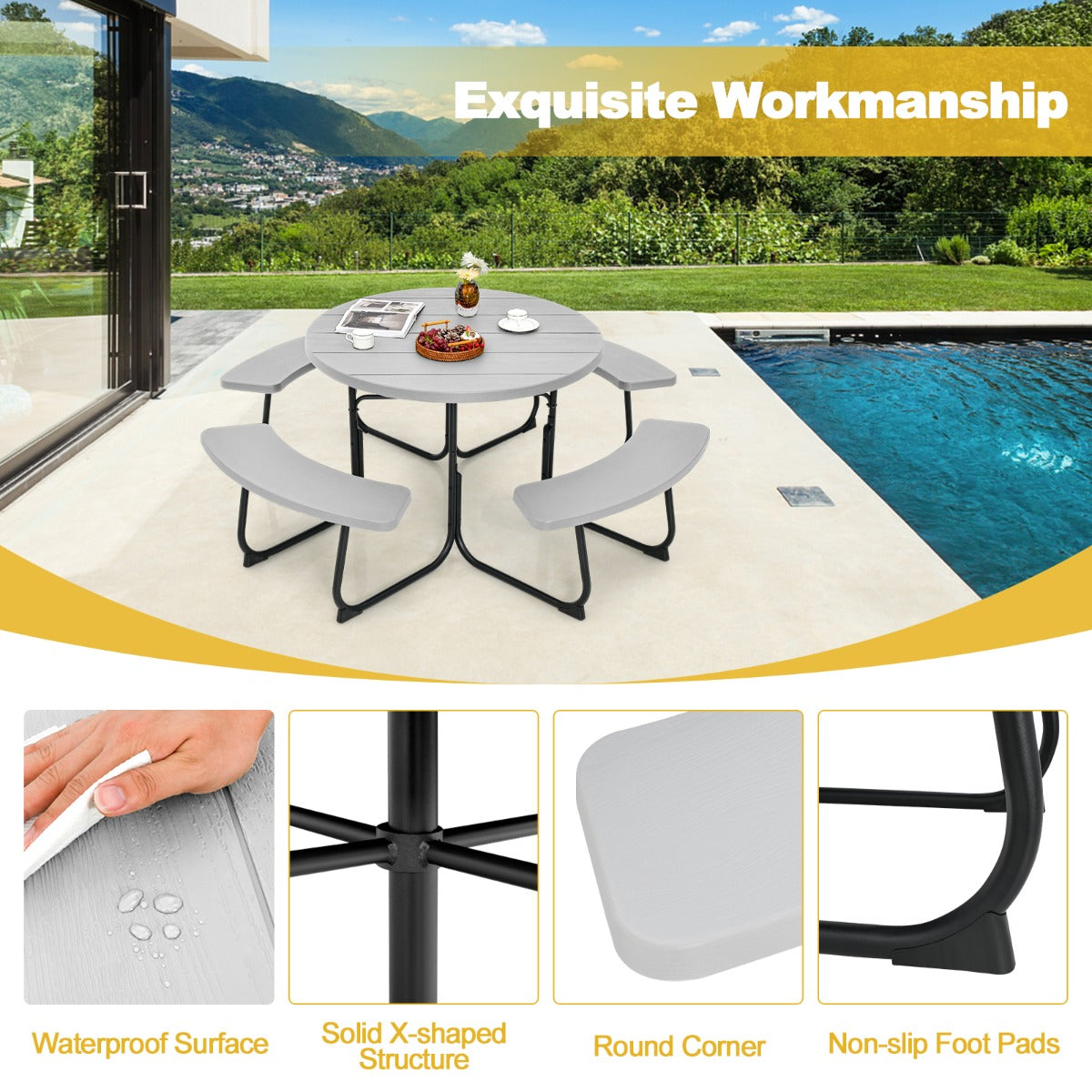 Costway 8-person Round Picnic Table Bench Set with 225KG Capacity-Grey