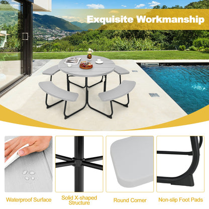 Costway 8-person Round Picnic Table Bench Set with 225KG Capacity-Grey