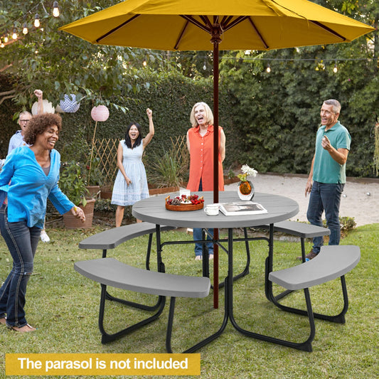 Costway 8-person Round Picnic Table Bench Set with 225KG Capacity-Grey