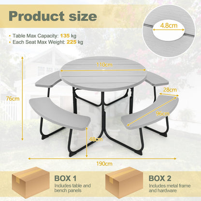 Large family picnic table with four benches provides comfortable seating for outdoor gatherings
