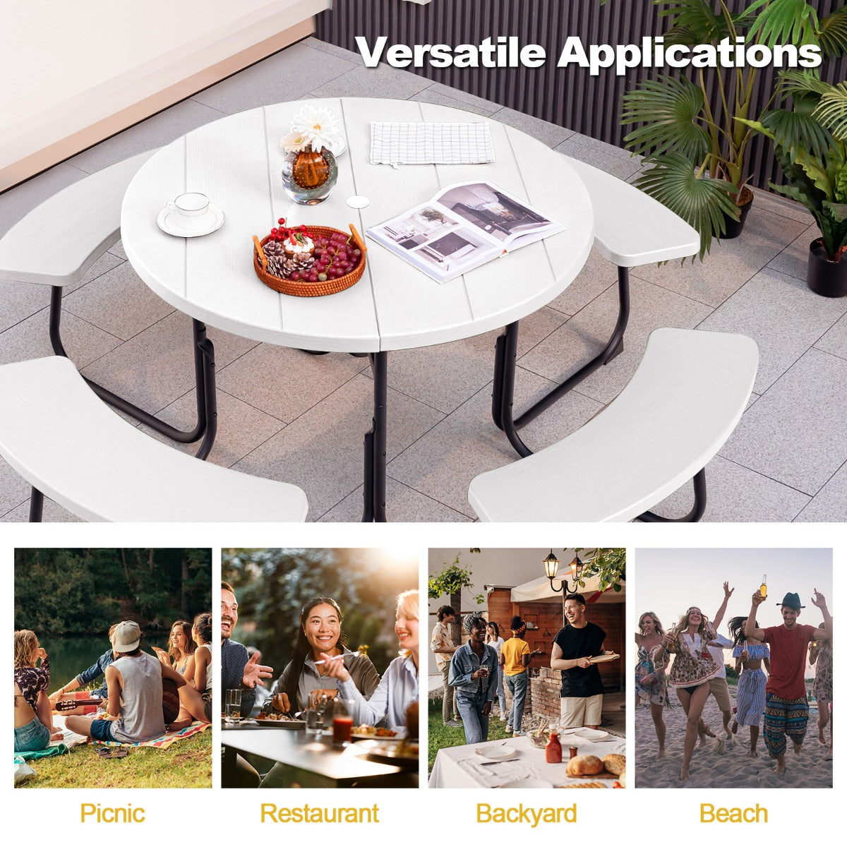 8-Person Outdoor Picnic Table Set with Benches, 225 kg Capacity, White