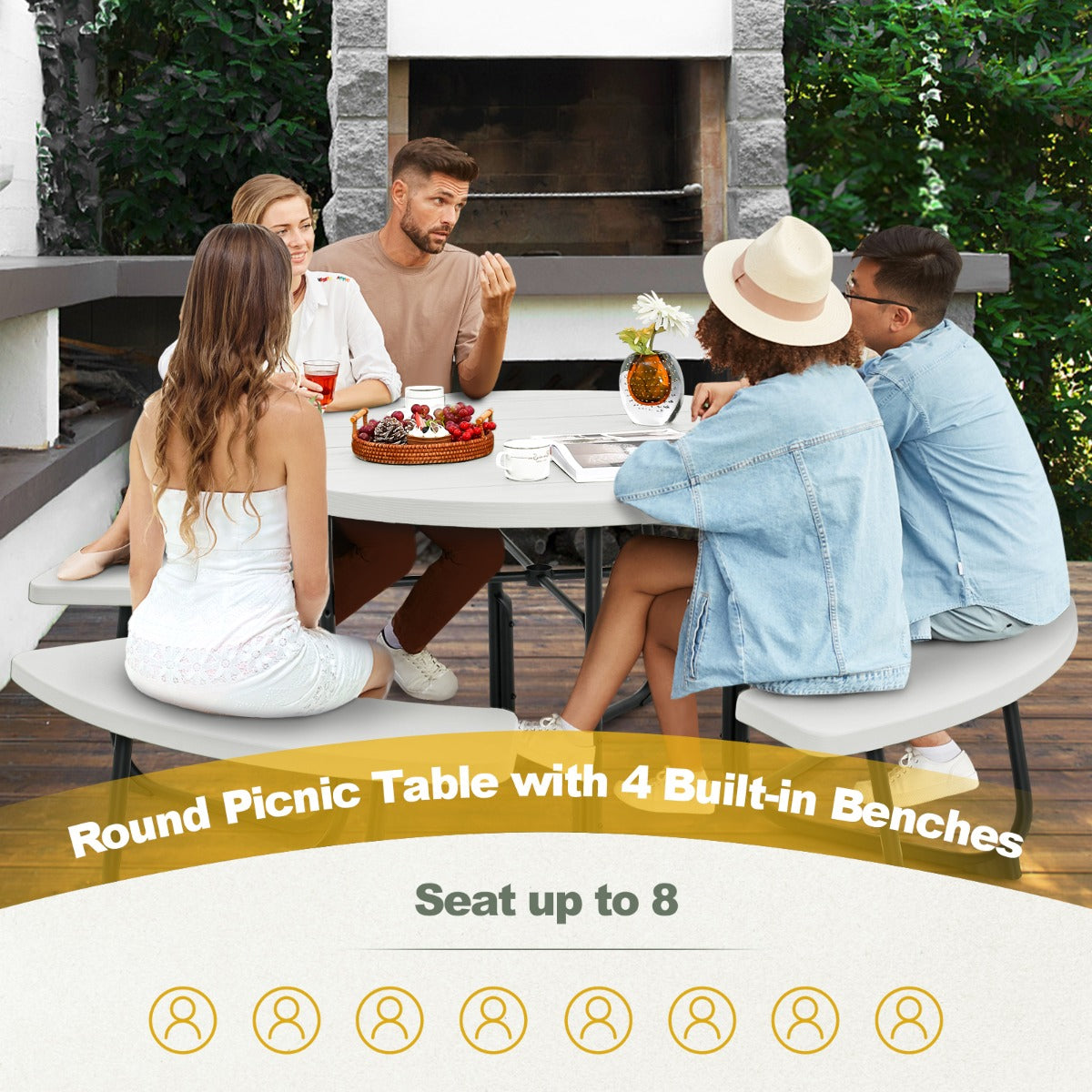8-Person Outdoor Picnic Table Set with Benches, 225 kg Capacity, White