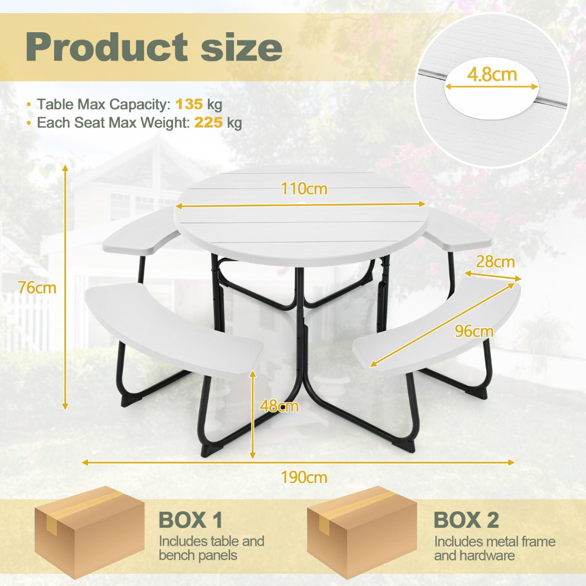 8-Person Outdoor Picnic Table Set with Benches, 225 kg Capacity, White