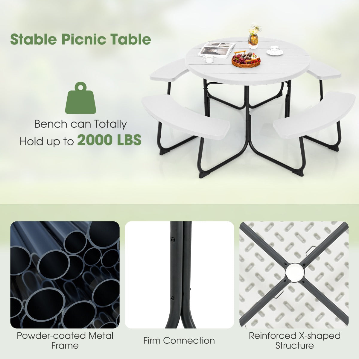 8-Person Outdoor Picnic Table Set with Benches, 225 kg Capacity, White