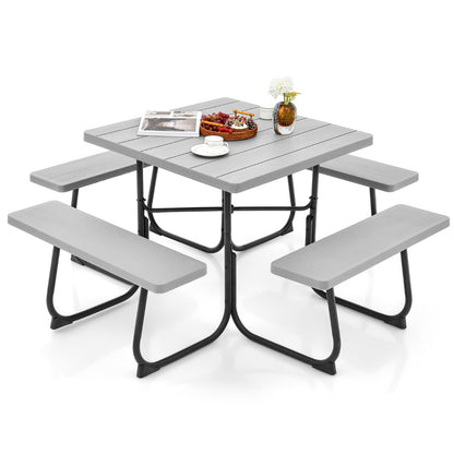Costway 8-person Square Picnic Table Bench Set with 4 Benches 225 KG Capacity-Grey