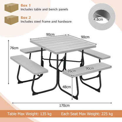 Costway 8-person Square Picnic Table Bench Set with 4 Benches 225 KG Capacity-Grey